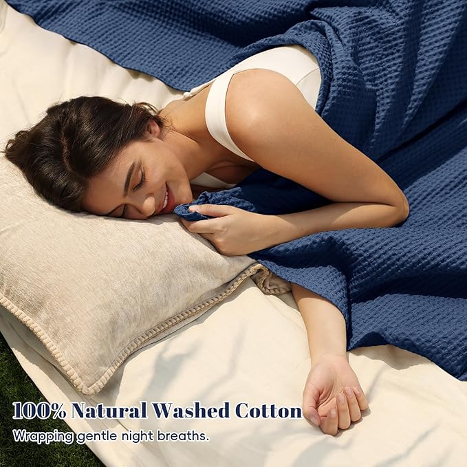 PHF 100% Cotton Waffle Weave Blanket Queen Size for Bed,Snag Proof Lightweight Breathable Throw for Couch,Great for Layering in Cold Weather,Machine Washable, Home Decor Gift-Navy Blue/Bright Blue