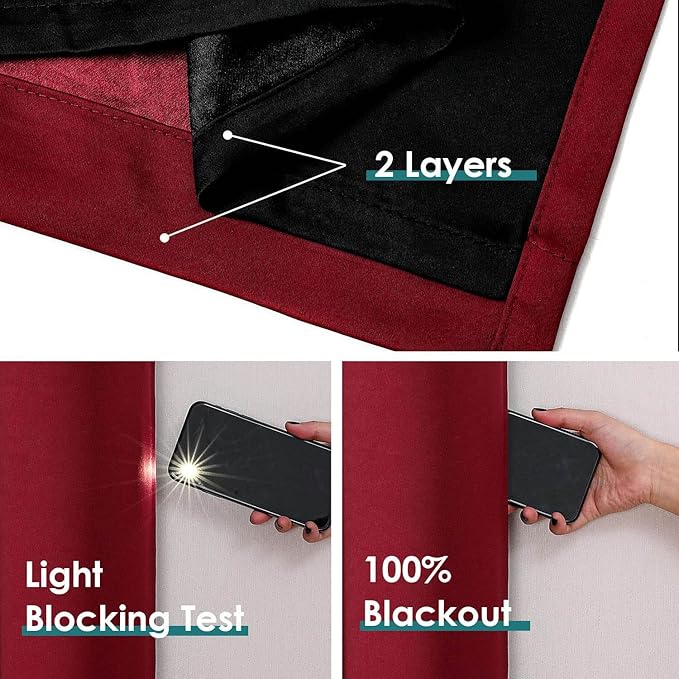 ChrisDowa 100% Blackout Curtains 84 inch Long for Bedroom with Black Liner, Extra Wide 2 Thick Layers Total Blackout Thermal Insulated Grommet Window Curtains 2 Panels Set (Burgundy, 60 x 84 Inch)