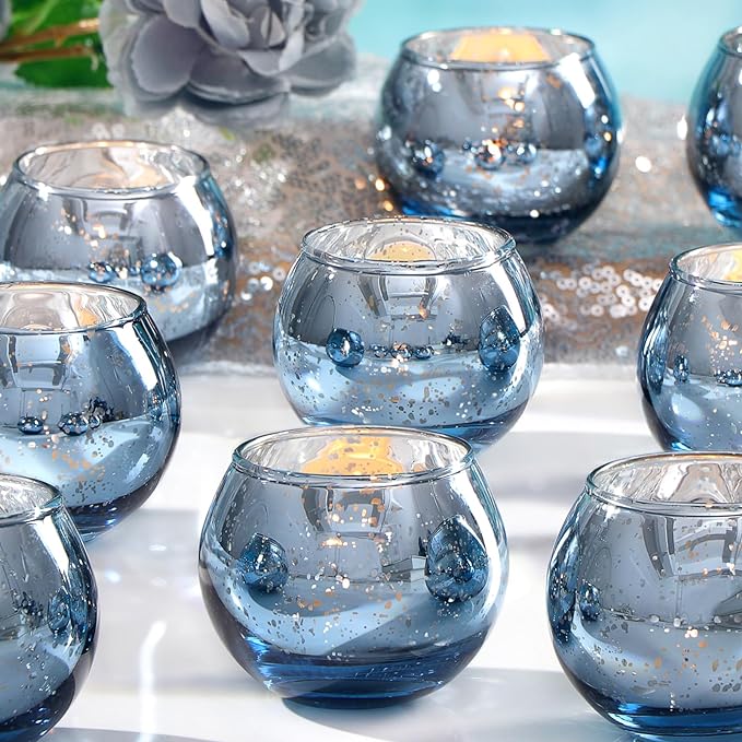 LAMORGIFT 12 PCS Blue Mercury Glass Votive Tealight Holders - Blue Centerpieces for Bridal Shower Decorations, Wedding Table Glass Decor