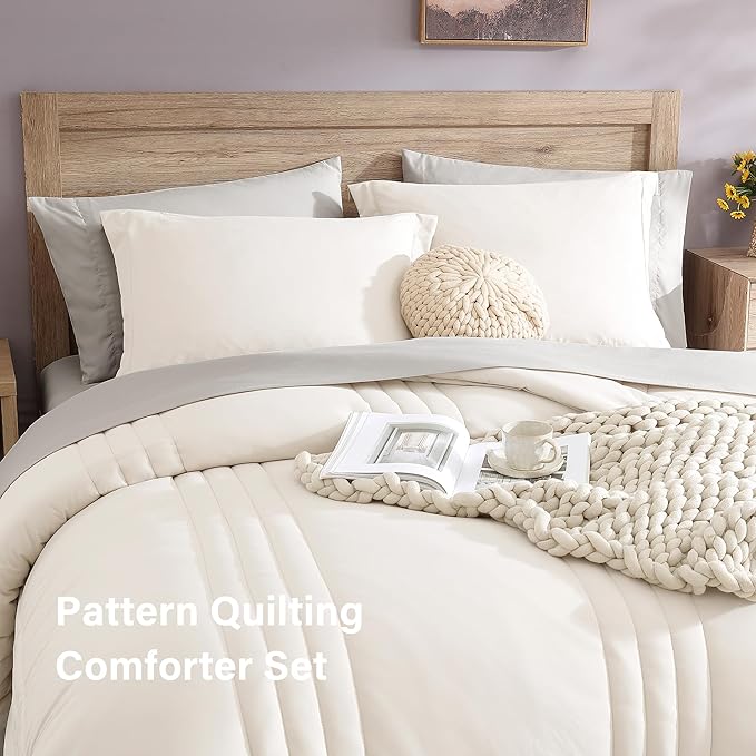 Monbix Full Comforter Set - 7 Pieces White Bed in a Bag Full Size Bedding Sets with Comforters, All Seasons Down Alternative Comforter with Sheets,Pillowcases & Shams
