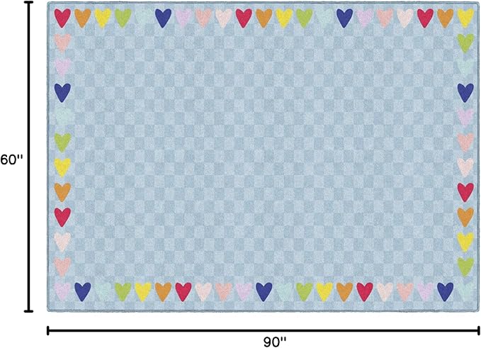 Flagship Carpets Schoolgirl Style Blue with Rainbow Hearts Border Educational Area Rug for Kids Room Seating Décor, Children's Classroom, Play Carpet for Teaching and Playroom, 5' x 7'6", Blue