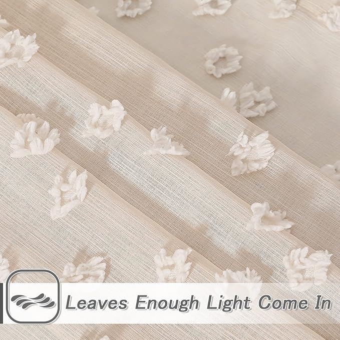 MYSKY HOME Pom Pom Beige Sheer Curtains for Bedroom Girls Room Curtains 84 Inches Long for Nursery Kids Light Filtering Boho Window Drapes, Rod Pocket, 52" Wide, 2 Panels