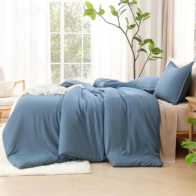 Litanika Comforters Queen Size Set Grayish Blue, 3 Pieces Lightweight Solid Bedding Comforter Set, All Season Fluffy Bed Set (90x90In Comforter & 2 Pillowcases)