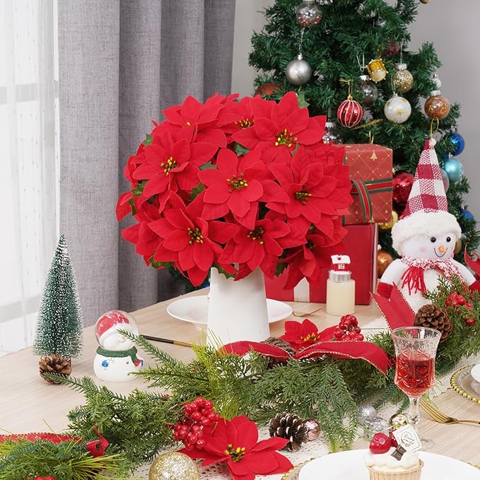 Christmas Decorations - 6 Pack Poinsettias Artificial Christmas Flowers, Fake Red Velvet Artificial Poinsettias Flowers for Christmas Tree Home Party Porch Yard Indoor Outdoor Decor