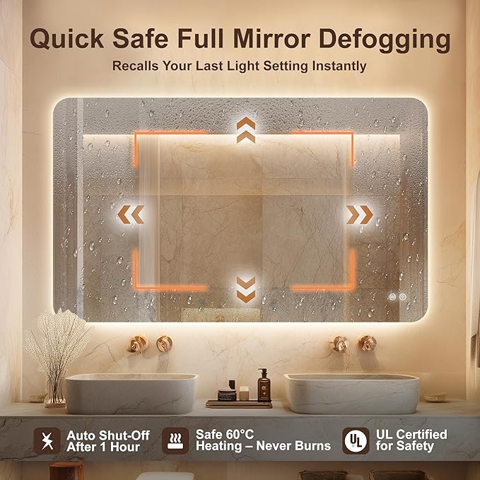 60''x36'' Lighted Mirrors for Bathroom Wall Backlit Rectangular Rounded Corners, LED Bathroom Mirror Frameless with Lights Anti Fog, Dimmable, 3 Colors,Tempered Glass, Shatter-Prooff (Color 2)