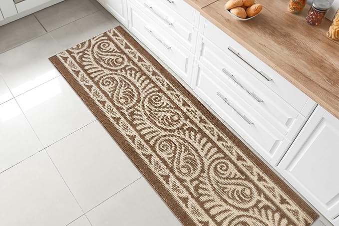 Custom Length Cut to Size Tribal Ethnic Southwestern Inspired Hallway Runner Rug, Non Slip Rubber Backed, 31 inch Wide X Customized Length, Mayan Brown, 31 inch X 20 feet