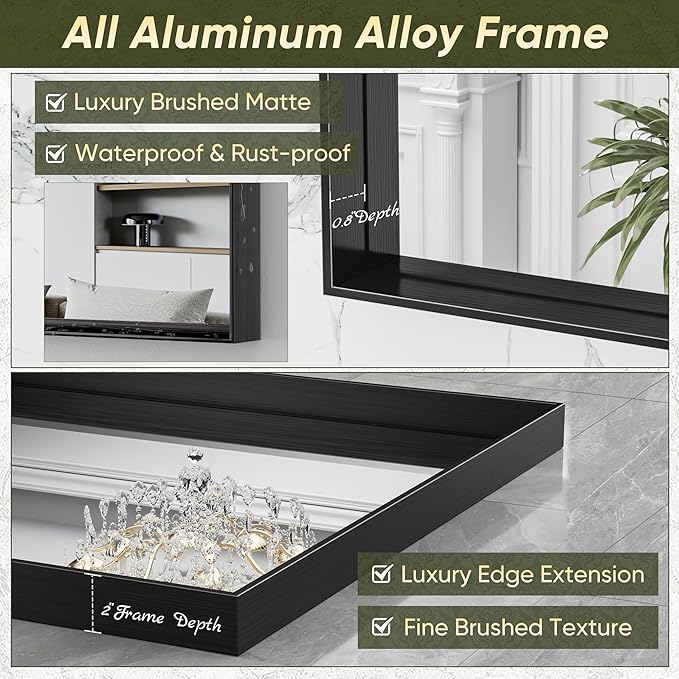 Suidia Bathroom Mirror, 60" x 30" Wall Mirror Metal Framed, Bathroom Vanity Mirror for Living Room Bedroom Bathroom Entryway, Black, Rect Corner Style