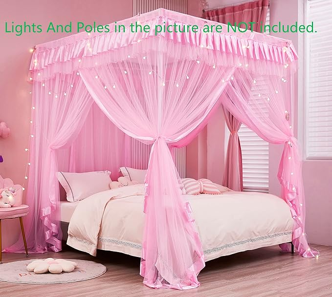 Mengersi Canopy Bed Curtains Queen Size,Bed Canopy for Girls Princess Bed Canopies Drapes Mosquito Net -Bedroom Decor,Pink