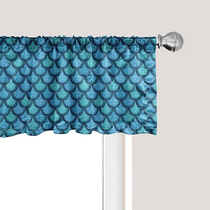 Ambesonne Fish Scale Window Valance, Nautical Design Realistic Graphic Water Drops on Half Circles Print, Curtain Valance for Kitchen Bedroom Decor with Rod Pocket, 54" X 12", Blue and Turquoise