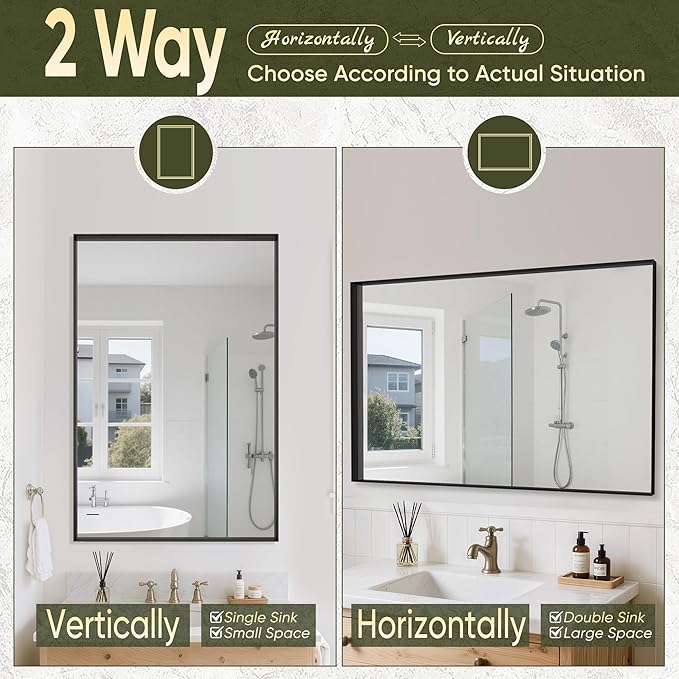Suidia Bathroom Mirrors, 72" x 36" Wall Mirror Metal Framed, Bathroom Vanity Mirror for Living Room Bedroom Bathrooms Entryway, Black, Rect Corner Style