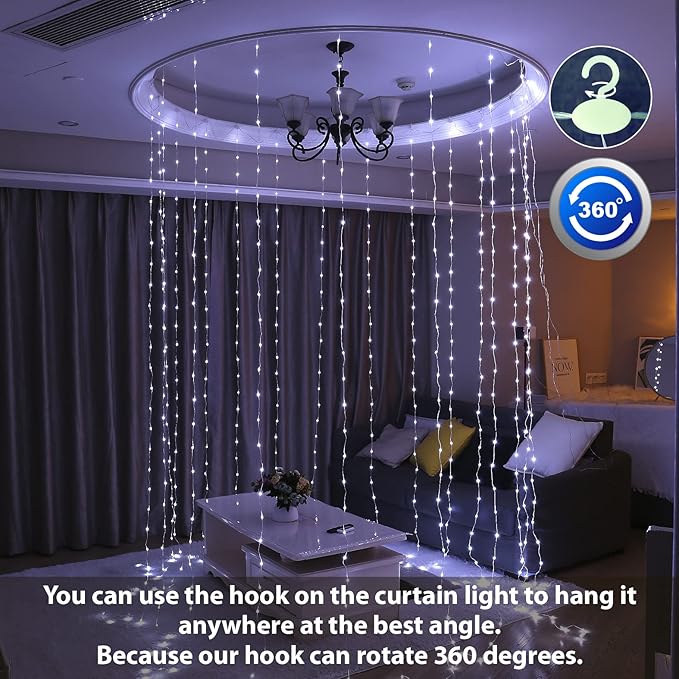HXWEIYE 300LED Fairy Curtain Lights, 9.8x9.8Ft USB Plug-in 8 Modes Christmas String Hanging Lights with Remote for Bedroom Backdrop Wedding Party Indoor Wall Decor, White, Tangle-Free
