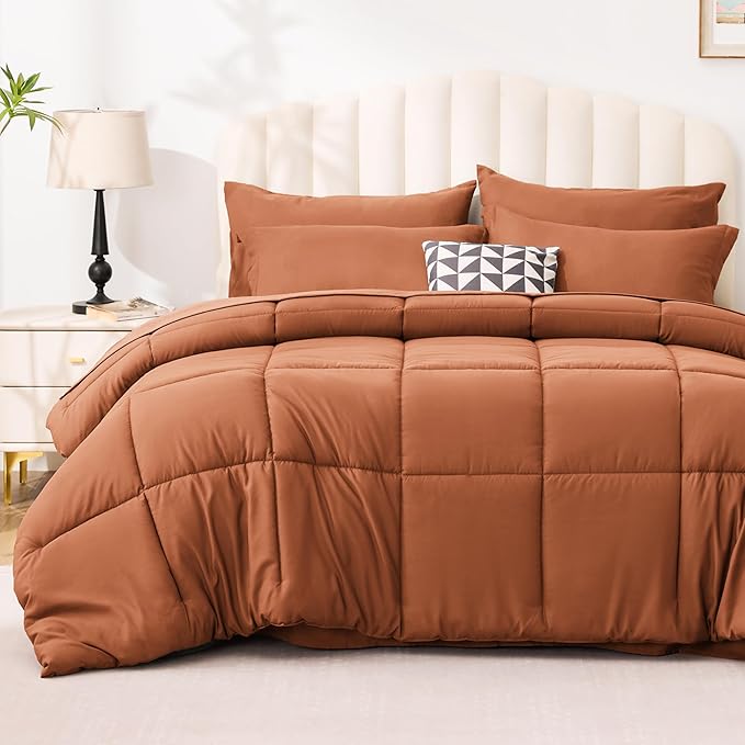 Love's cabin California King Comforter Set Burnt Orange, 7 Pieces California King Bed in a Bag, All Season Bedding Sets with 1 Comforter, 1 Flat Sheet, 1 Fitted Sheet, 2 Pillowcase and 2 Pillow Sham