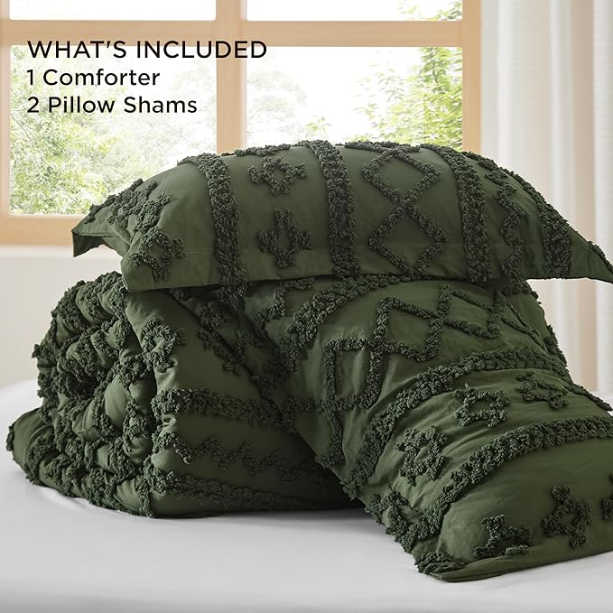 Bedsure Tufted Boho Comforter Set Oversized King - Olive Green Boho Bed Set, GentleSoft™ 3 Pieces Farmhouse Shabby Chic Embroidery Bedding, Gifts for Woman, Soft Jacquard Comforter for All Seasons
