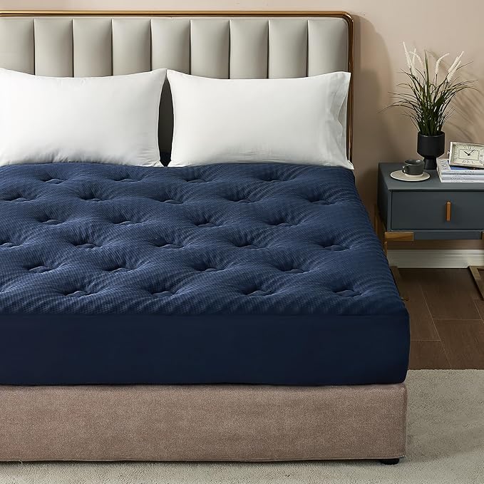 Hansleep RV Short Queen Mattress Topper Viscose Derived from Bamboo, Camping Memory Foam Pillow Top Mattress Topper, Breathable Mattress Pad for Back Pain Relief, 60" x 75", Navy Blue
