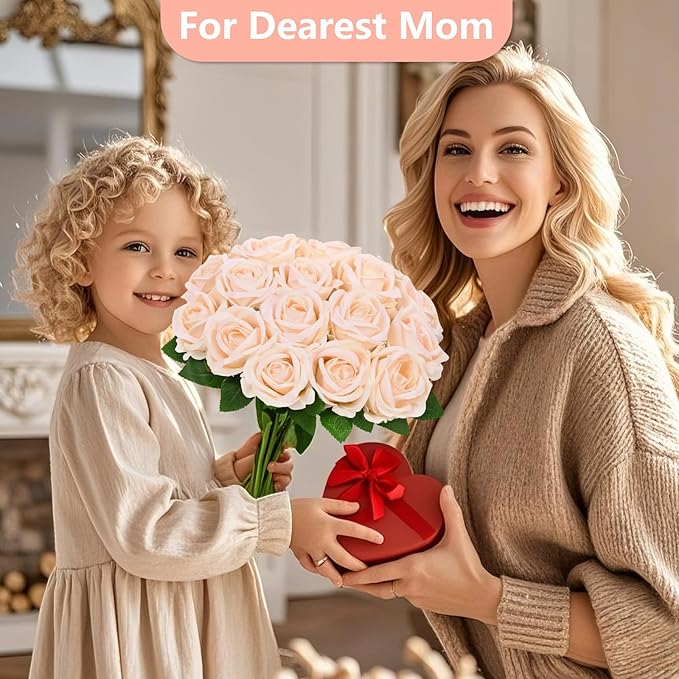 BLEUM CADE 100 Pcs Champagne Roses Artificial Flowers, Real Touch Velvet Roses Fake Flowers Bulk, Artificial Roses Bouquet with Long Stems Bridal DIY Wedding Party Centerpiece Decorations