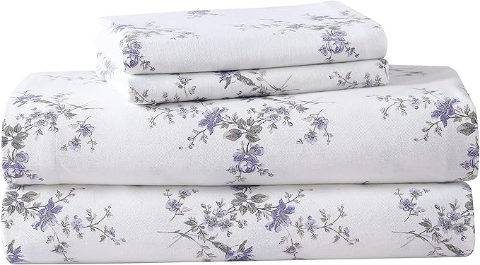 Laura Ashley - Flannel Sheets King Size, Anti-Pilling & Wrinkle Resistant Cotton, Touchably Soft for All-Season Comfort - Bed Sheets with Matching Pillowcases & Fitted Sheet (Jessika Lavender)
