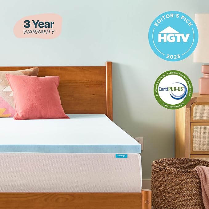LINENSPA Memory Foam Mattress Topper - 2 Inch Gel Infused Memory Foam - Plush Feel - Cooling and Pressure Relieving - CertiPUR Certified - Dorm Room Essentials - Short Queen Size