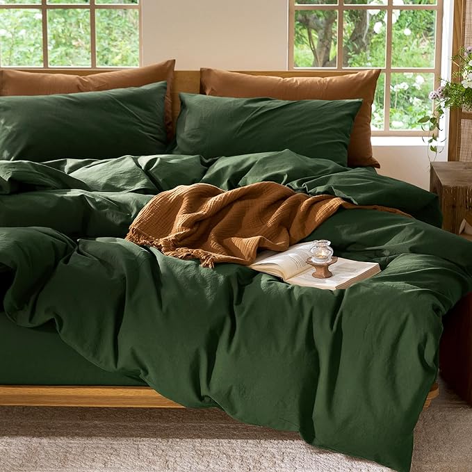 MooMee Bedding Duvet Cover Set 100% Washed Cotton Linen Like Textured Breathable Durable Soft Comfy (Solid Forest Green, Cal King 104"x98")