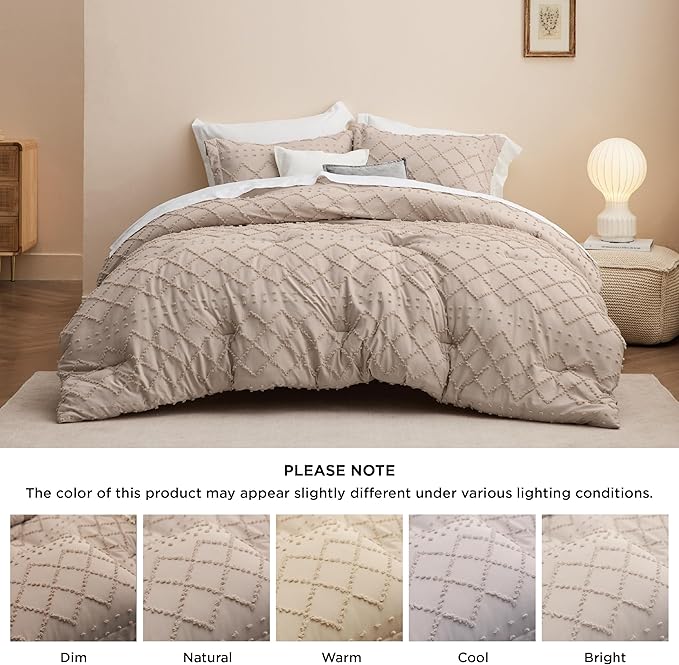Bedsure Queen Comforter Set - Warm Tan Comforter, Boho Tufted Shabby Chic Bedding for Kids, 3 Pieces Vintage Farmhouse Bed Set for All Seasons, Fluffy Soft Bedding with 2 Pillow Shams