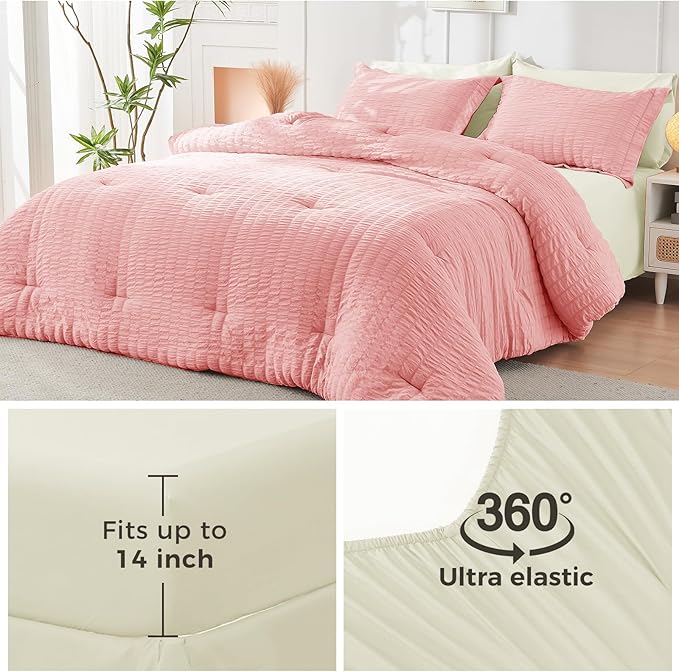 HYMOKEGE Pink/Ivory Queen Comforter Set Seersucker 7 Pieces, All Season Luxury Bed in a Bag Queen for Bedroom, Bedding Set with Comforter, Sheets, Pillowcases & Shams