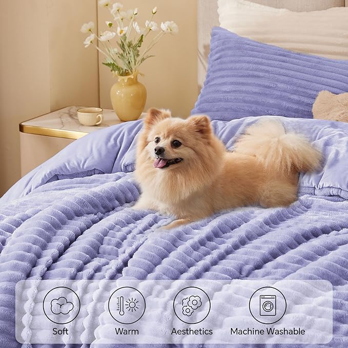 BEDELITE Fleece King Comforter Set -Super Soft & Warm Fluffy Lavender Bedding, Luxury Fuzzy Heavy Bed Set for Winter with 2 Pillow Cases