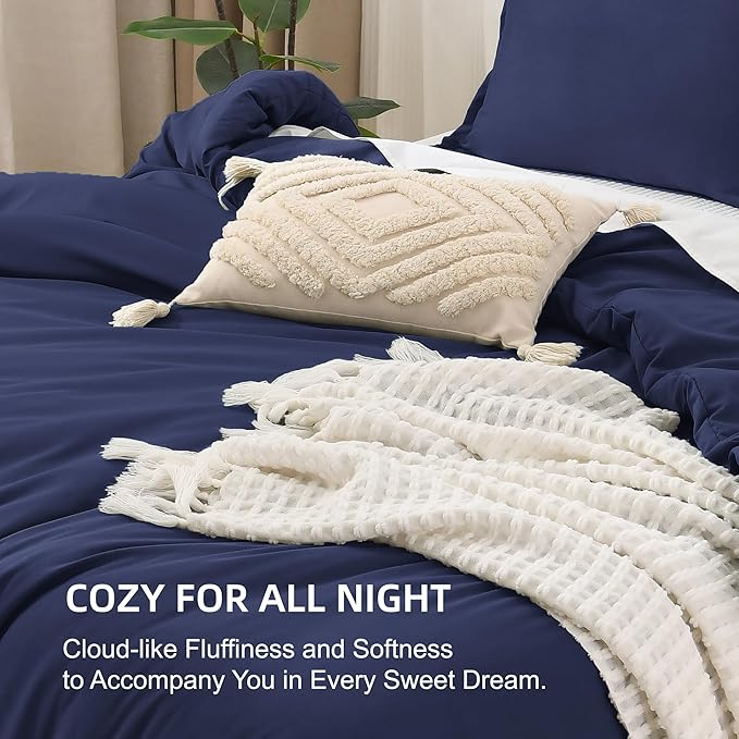 Litanika Navy Blue Comforter Set King Size, 3 Pieces Lightweight Solid Bedding Comforter Set, All Season Fluffy Bed Set (104x90In Comforter & 2 Pillowcases)