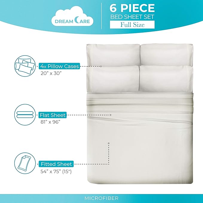 DREAMCARE Sheets Full Size Bed - Cooling Bed Sheets - 6pcs Set - Full Sheet Set - Full Size Sheets - Full Size Sheet Sets Soft & Long Lasting 100% Fine Brushed Polyester with Side Pocket - Ivory