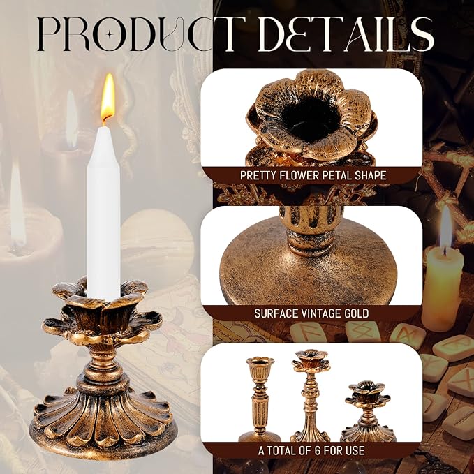 Suclain 6 Pcs Vintage Candlestick Holders Taper Resin Candle Holder Retro Antique Candle Holder Floral Decorative Candlesticks for Wedding Anniversary Table Centerpieces Fireplace Home Decor(Bronze)