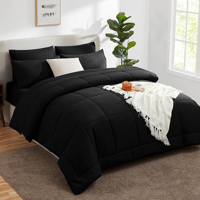 CozyLux Oversized King Comforter Sets Black, 7 Pieces Bed in a Bag, Ultra-Soft All Season Bedding Sets with Stitch Quilted Comforter, Flat Sheet, Fitted Sheet, Pillowcases, Black