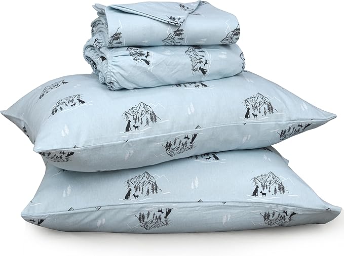 RUVANTI Flannel Sheets Queen Size - 100% Cotton Double Brushed Bed Sheets, Deep Pockets 16 Inches Queen Sheet Set, All Seasons Breathable & Extra Soft - Warm & Cozy, 4 Piece, Soul Dog