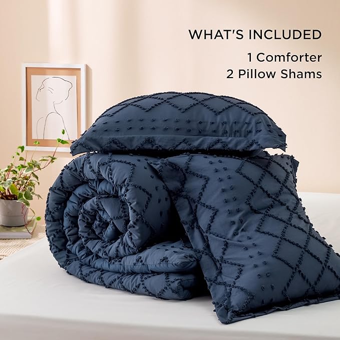 Bedsure California King Comforter Set - Navy Blue Comforter, Boho Tufted Shabby Chic Bedding for Kids, 3 Pieces Vintage Farmhouse Bed Set for All Seasons, Fluffy Soft Bedding with 2 Pillow Shams