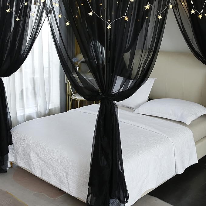 Akiky Canopy for Girls Room Black Bed Curtains Elegant Sheer Curtain for Twin Full Queen King Size Bed Drapes,8 Panels Canopies with Light,Room Décor(King,Black)