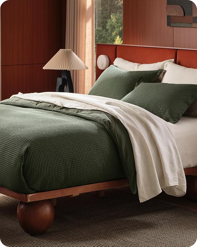 Bedsure Cotton Duvet Cover King - 100% Cotton Waffle Weave Olive Green Duvet Cover King Size, GentleSoft™ and Breathable Bedding Set for All Season, 3 Pieces, 104"x90"