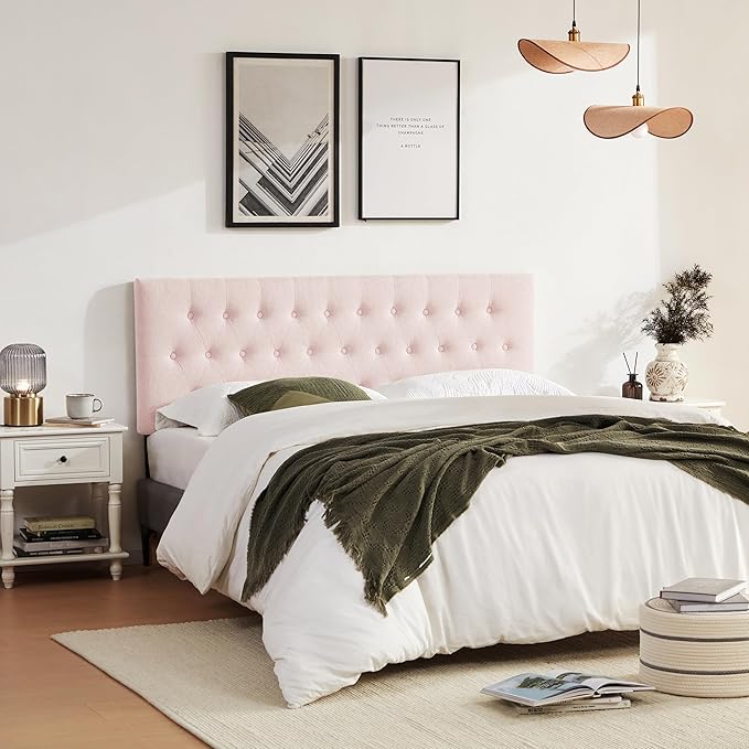 Tufted Upholstered Headboard Twin Size, Solid Wood Head Board with Durable Metal Legs, Adjustable Height Bed headboard from 37” to 51” Fabric Headboard in Modern Button Design, Pink