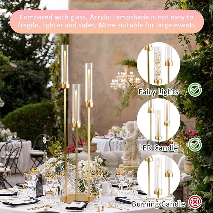 Vincidern 4pcs Gold Candelabra 3 Arm Taper Candle Holders with Acrylic Shades, Decorative Metal Candlestick Holders for Wedding Table Centerpiece, Halloween,Christmas, Party, Events Decor
