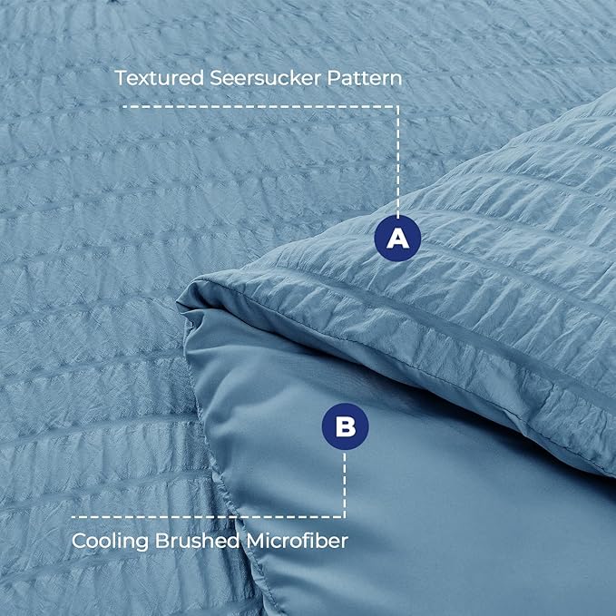 HYMOKEGE Mineral Blue Queen Comforter Set Seersucker 7 Pieces, All Season Luxury Bed in a Bag Queen for Bedroom, Bedding Set with Comforter, Sheets, Pillowcases & Shams