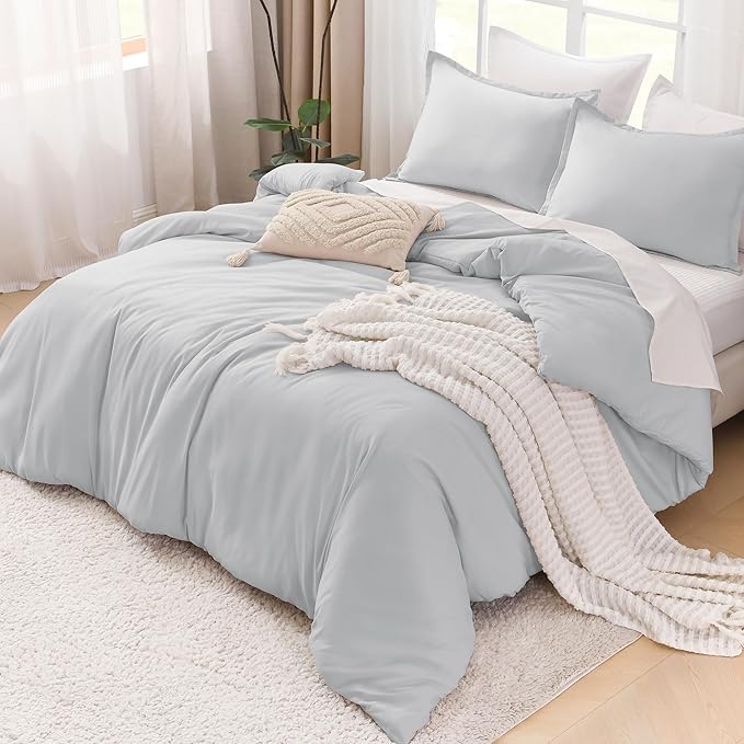Litanika Light Grey Comforter California King Size, 3 Pieces Cal King Lightweight Solid Bedding Comforter Set, All Season Fluffy Bed Set (104x96In Comforter & 2 Pillowcases)