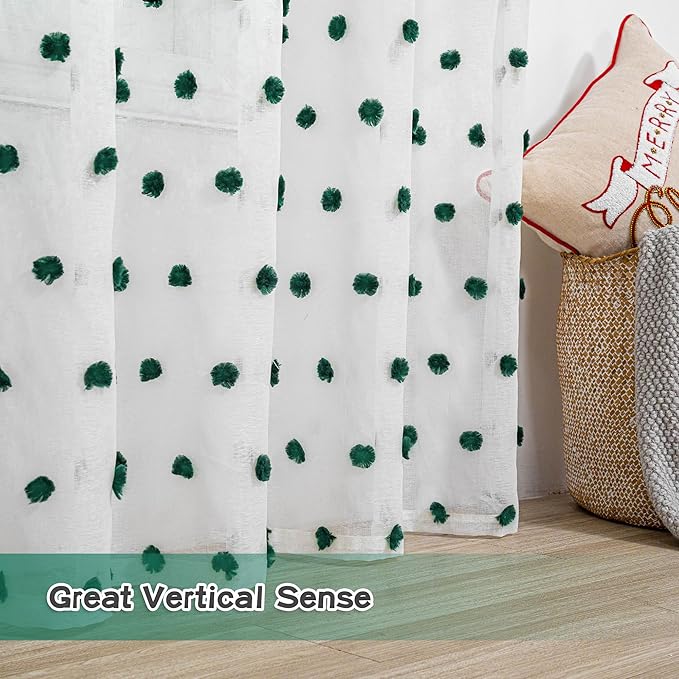 MYSKY HOME Short Christmas Curtains for Small Window - 45 Inch Long Kitchen & Bedroom Sheer Curtains - Hunter Green & White Pom Pom Panels - 2 Sets 52 x 45 Inch