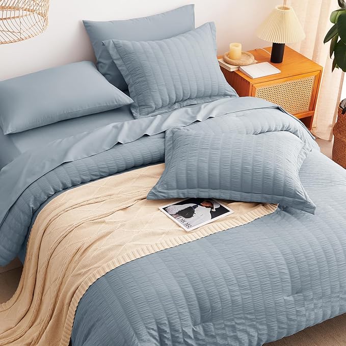 CozyLux Grayish Blue Full Size Comforter Sets with Sheets 7 Pieces, Dusty Blue Seersucker Bed in a Bag Textured Luxury Soft Bedding Set with Down Alternative Comforter, Sheets, Pillowcases & Shams