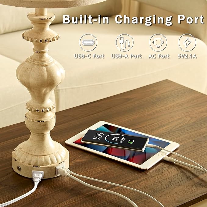 27.5" Farmhouse Table Lamps Set of 2 Bedside Nightstand Lamp with USB C+A Ports & AC Outlet, 3 Way Dimmable Touch Lamps for Bedroom Living Room Office Hallway Rustic Traditional Lamp