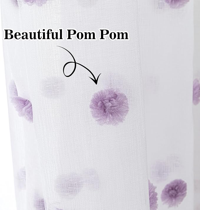 MYSKY HOME White Sheer Curtains for Bedroom 63 Inch Length Purple Pom Pom Short Curtains for Girls Room Kids Curtains Dining Room Rod Pocket Light Filtering Small Window Drapes 52 x 63 in 2 Pieces