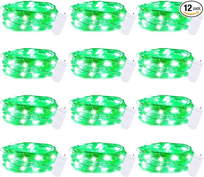 Brightown 12 Pack St. Patrick's Day LED Fairy Lights Battery Operated String Lights Waterproof Silver Wire 7 ft 20 LED Firefly Starry Moon Lights for DIY Wedding Party Bedroom Patio