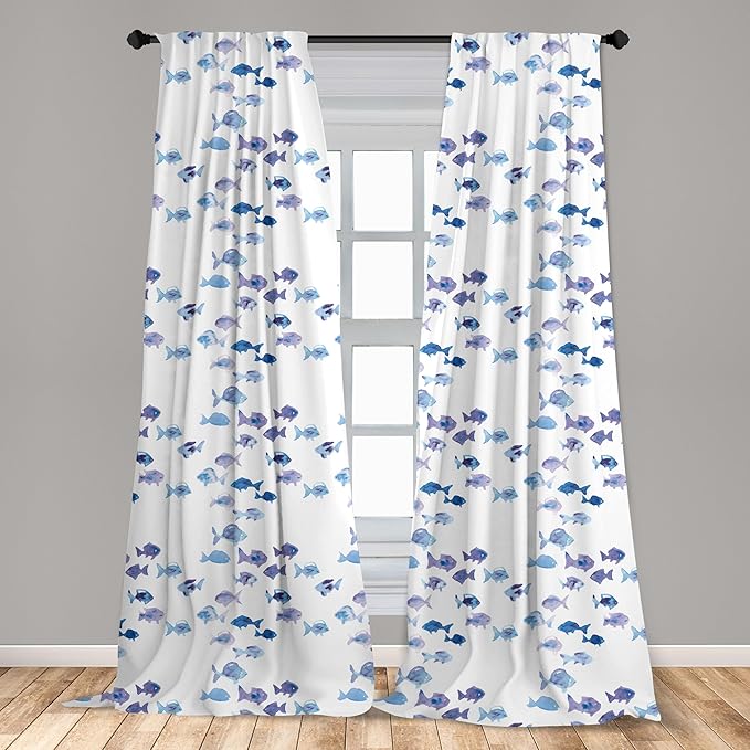 Ambesonne Animal Window Curtains Pack of 2, Little Fishes Watercolors Ocean Underwater Life Marine Theme Art, Lightweight Set with Rod Pocket, 4 Panels of - 28" x 95", Blue