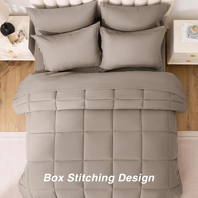 Love's cabin King Size Comforter Set Light Brown, 7 Pieces King Bed in a Bag, All Season Bedding Sets with 1 Comforter, 1 Flat Sheet, 1 Fitted Sheet, 2 Pillowcase and 2 Pillow Sham