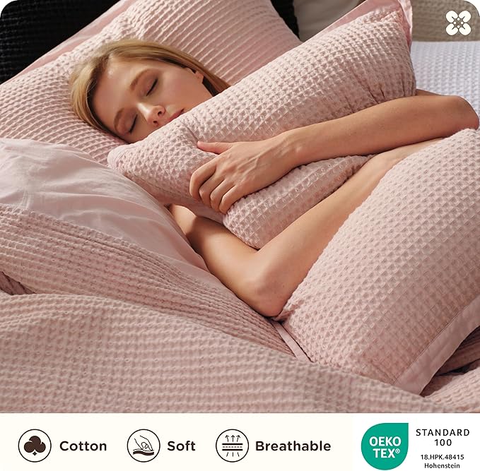 Bedsure Cotton Duvet Cover Queen - 100% Cotton Waffle Weave Pink Duvet Cover Queen Size, GentleSoft™ and Breathable Bedding Set for All Season, 3 Pieces, 90"x90"