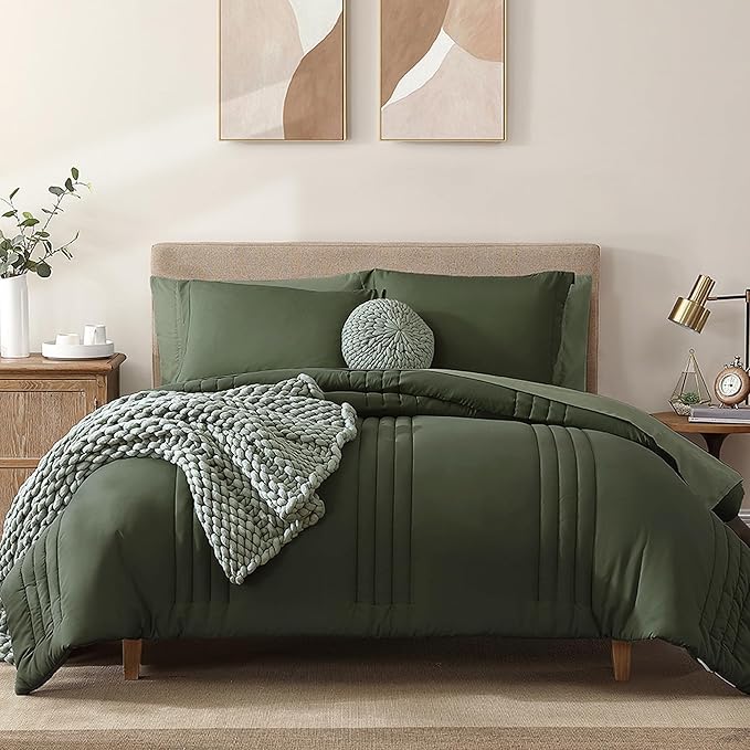 Monbix Twin XL Size Comforter Set - Extra Long 5 Pieces Dorm Bedding Sets, Quilting Design Fluffy Bed in a Bag Twin XL with Sheets, Pillowcase & Sham(Olive Green)