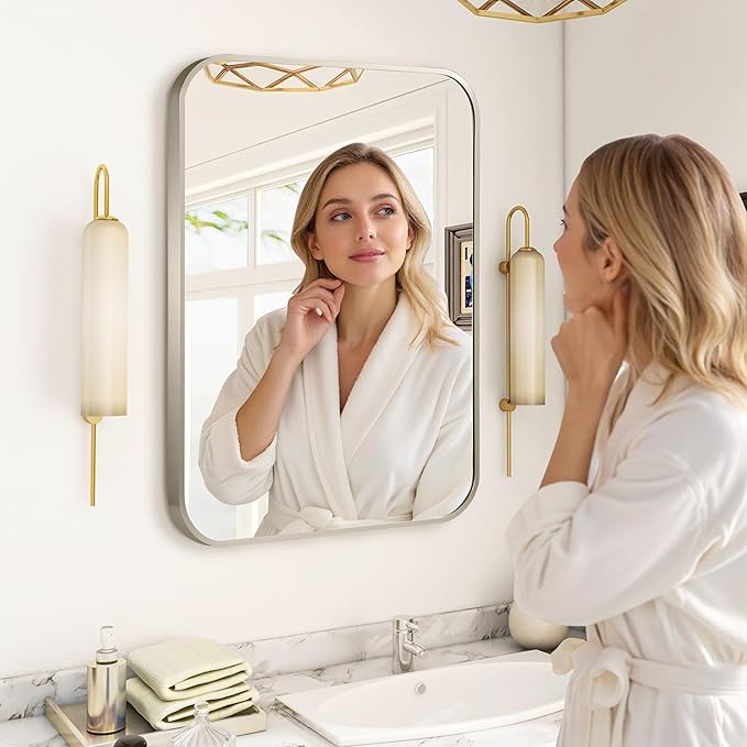20"x30" Brushed Nickel Bathroom Vanity Mirror for Over Sink, Rounded Rectangle Silver Metal Frame Mirror for Wall, Living Room, Entryway, Vertical or Horizontal