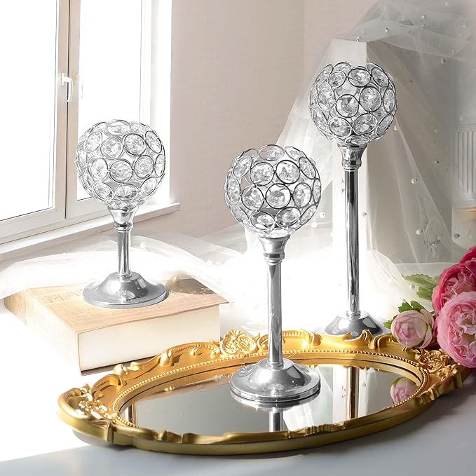 Crystal Metal Tealight Candlestick, Bling Bowl Candelabras, Tall Crystal Votive Candle Holders Elegant Crystal Candle Centerpiece for Dining Table Wedding Decor (Set of 6, Silver)