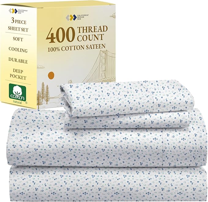California Design Den Deep Pocket Twin Sheets Set - 400 Thread Count Sateen, Natural 100% Cotton Sheets, Cooling and Durable Bedding Set - Blooming Meadows
