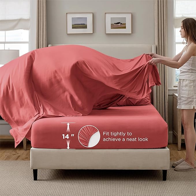 Bedsure Queen Comforter Set Coral Red - Bed in a Bag Queen Size Bedding 7 Pieces, GentleSoft™ Pintuck Bed Set Gift for Family, Pinch Pleat All Season Comforter with Sheets, Pillowcases & Shams